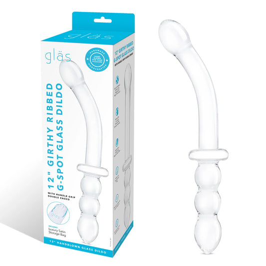 Glas 12&quot; Girthy Ribbed G-Spot Glass Dildo With Handle Grip Double Ended