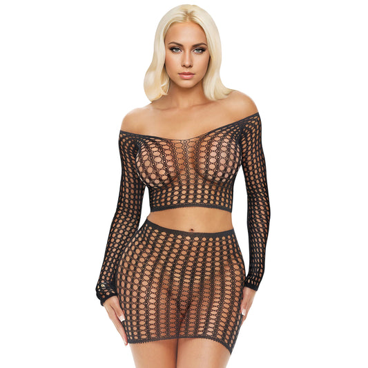 Electric Lingerie Long Sleeve Fishnet Crop Top & Mini Skirt Set O/S