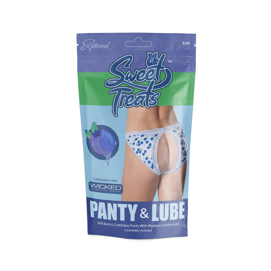 Sweet Treats Split Back & Crotchless Panty W/ Lube Blueberry L/X