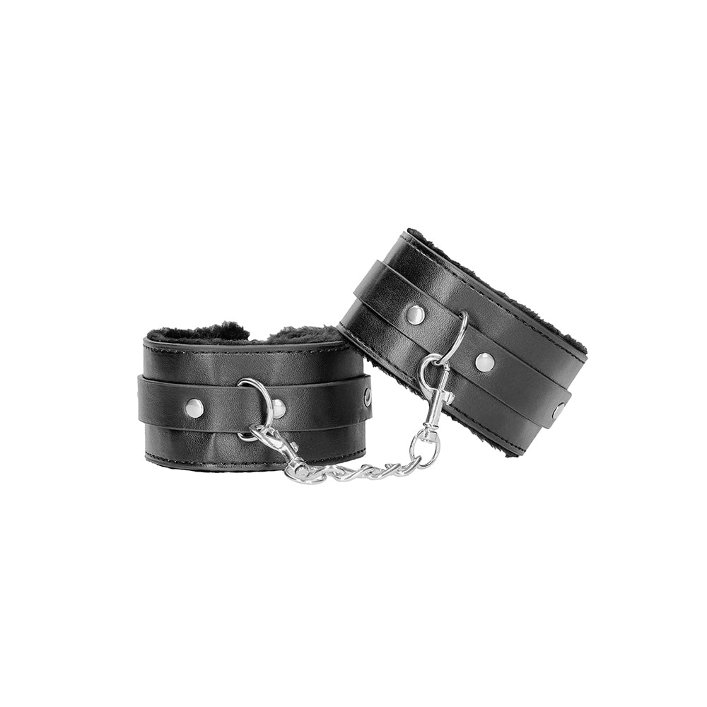 Ouch! Black & White Plush Bonded Leather Ankle Cuffs With Adjustable Straps