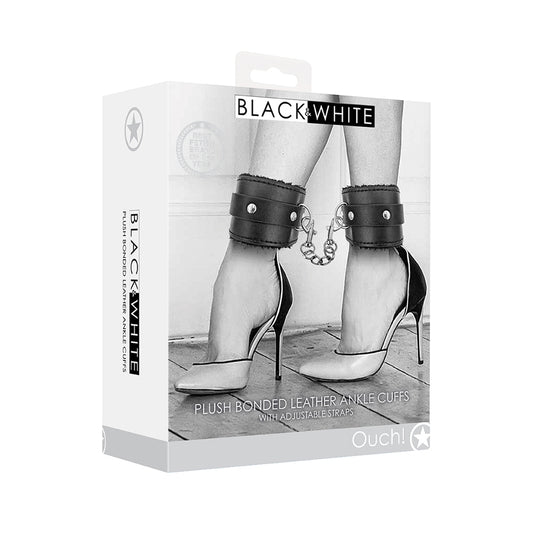 Ouch! Black & White Plush Bonded Leather Ankle Cuffs With Adjustable Straps