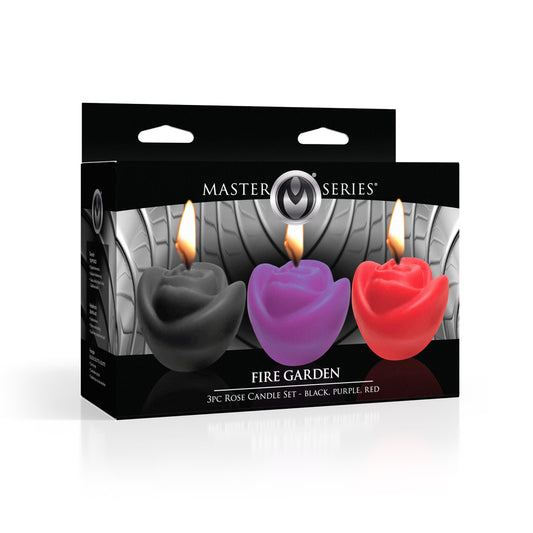 Master Series Fire Garden 3Pc Rose Candle Set Black/Purple/Red