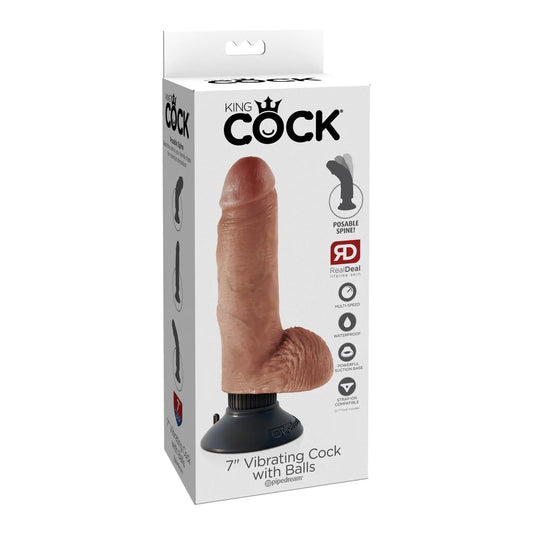 King Cock 7&quot; Vibrating Cock With Balls Tan