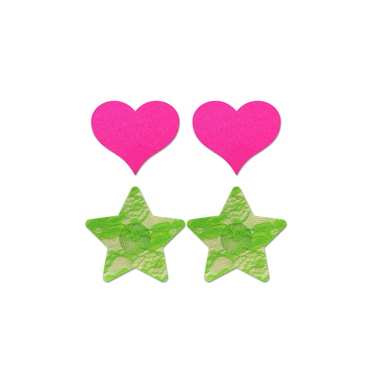 Fashion Pasties Set: Neon Pink Satin Heart Neon Green Lace Star