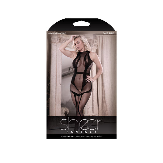 Cross Faded High Neck Crotchless Bodystocking